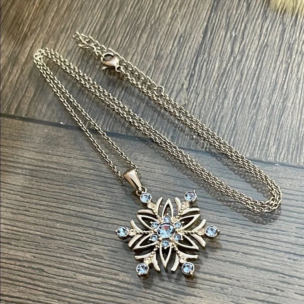 JCM Stainless Steel Snowflake Pendant with Blue Rhinestones Necklace